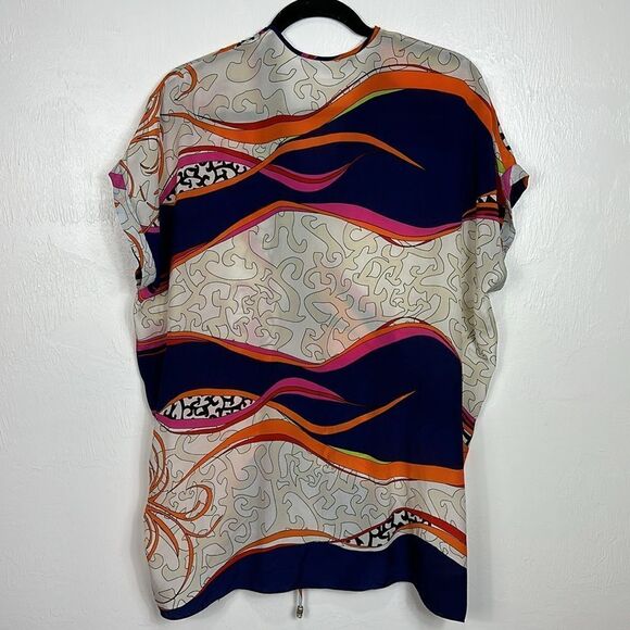 Analili Silk Colorful Short Sleeve Drawstring Relaxed Fit Tunic Top One Size - Picture 3 of 8